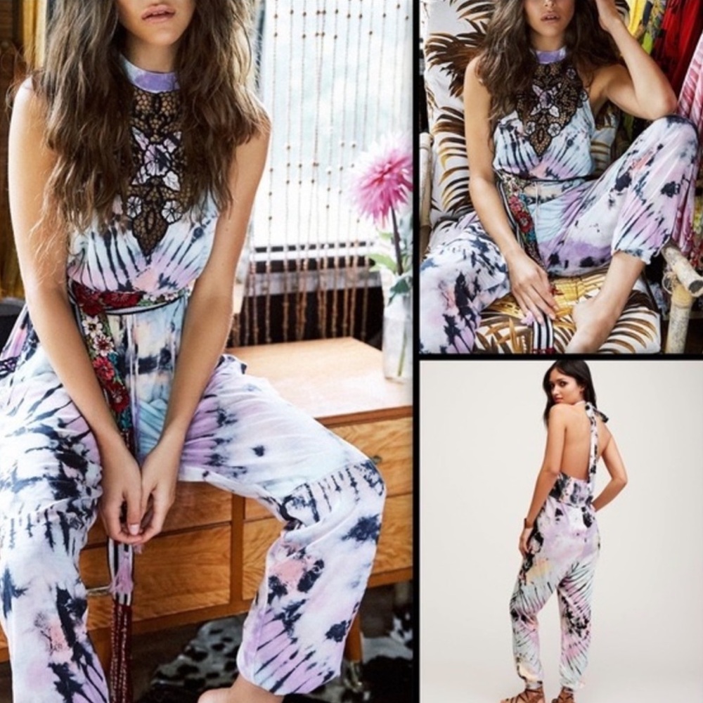 Spell Tie-Dye Lace Yoke Jumpsuit in Pastel Lavender, Pink & Black